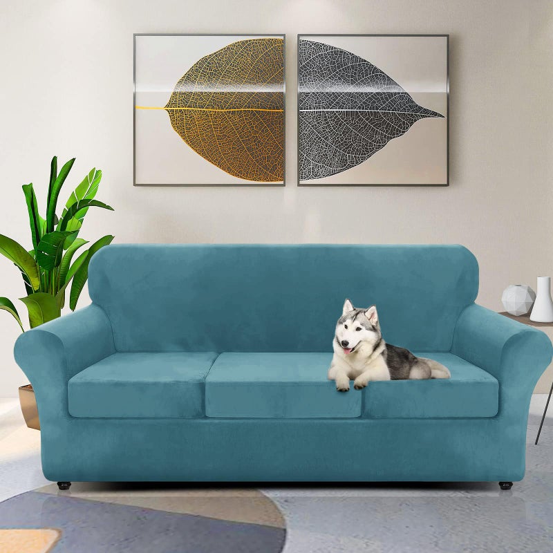 ZNSAYOTX Luxury Velvet Couch Cover 4 Piece (72"-92") Stretch Sofa Covers for 3 Cushion Couch Thick Soft Sofa Slipcover with Non Slip Strap, Dog Pet Friendly Nice Furniture Protector (Peacock Blue) - Image 3